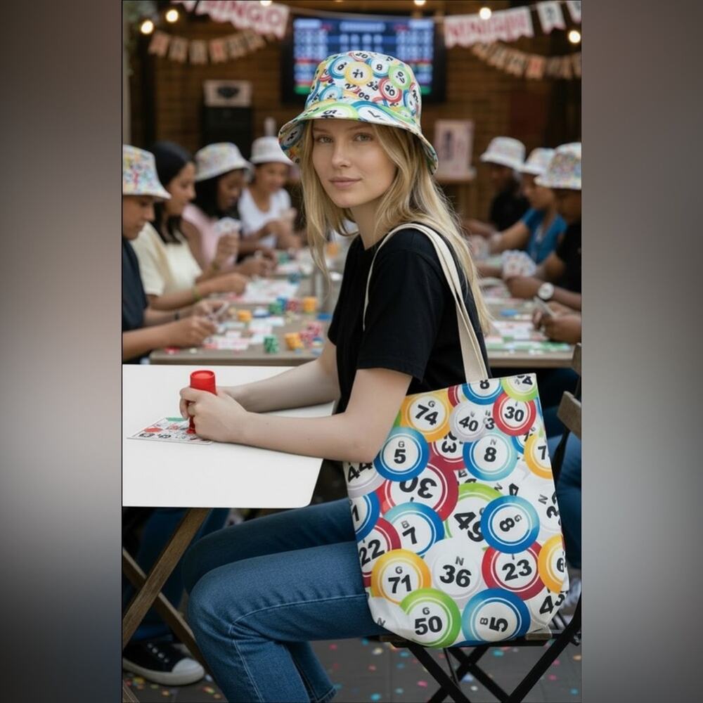 Bingo Lover Gift Set Tote Bag Bucket Hat Colorful Bingo Ball Print NWT Novelty